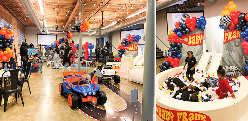 Toy Riding Cars and Race Track, Ball Pit at Theme Birthday Party